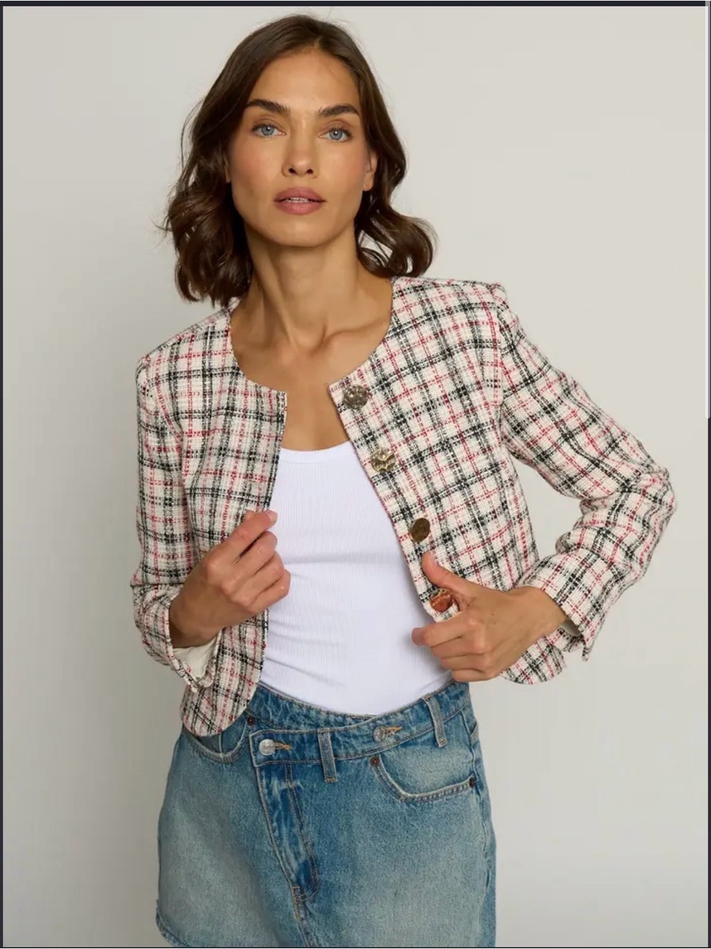 Central Park West Tweed Heritage Cropped Lady Jacket Plaid Small